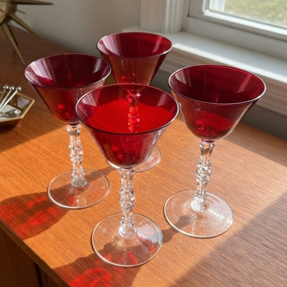 Vintage Ruby Red Cocktail Glasses Set of 4 Clear Faceted Stem Retro Stemware